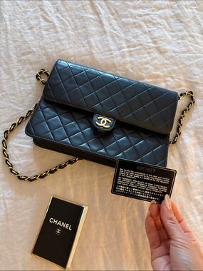 CHANEL Black Quilted Lambskin Flap Crossbody with Gold Chain
